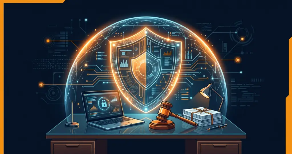 Bouclier numérique protégeant le bureau d'un avocat, symbole de l'infogérance pour cabinet d'avocat.