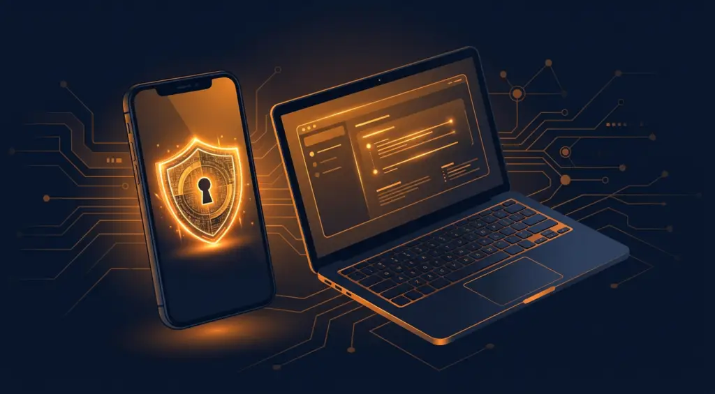 Smartphone affichant un bouclier de sécurité près d'un ordinateur portable pour protéger le secret professionnel.