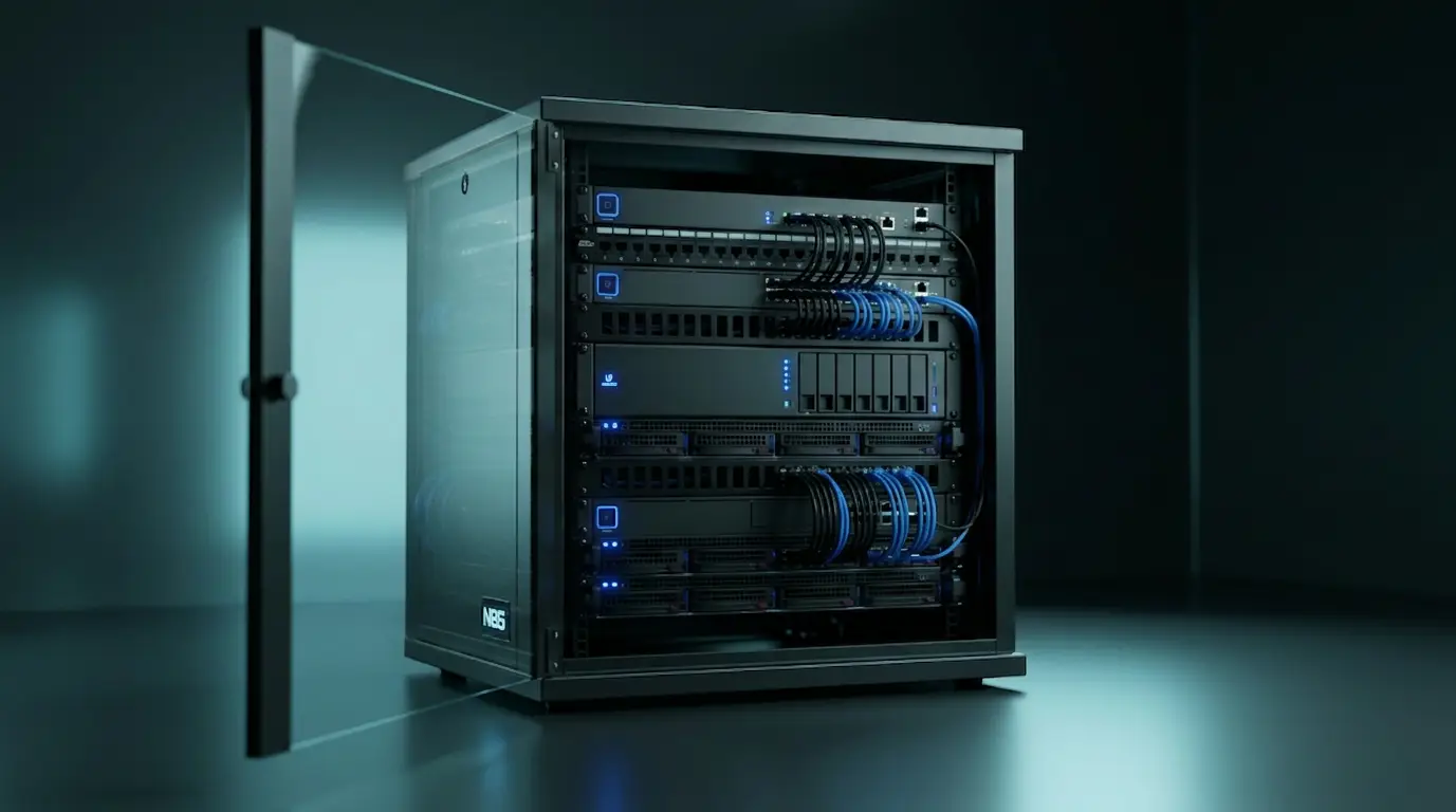 NeoDMP Intérieur de la baie NeoDMP ouverte – switch Ubiquiti, serveurs rack et câblage structuré bleu