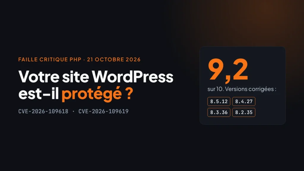 Visuel « Votre site WordPress est-il protégé ? » sur la faille critique PHP du 21 octobre 2026, note 9,2 sur 10 et versions corrigées 8.5.12, 8.4.27, 8.3.36 et 8.2.35